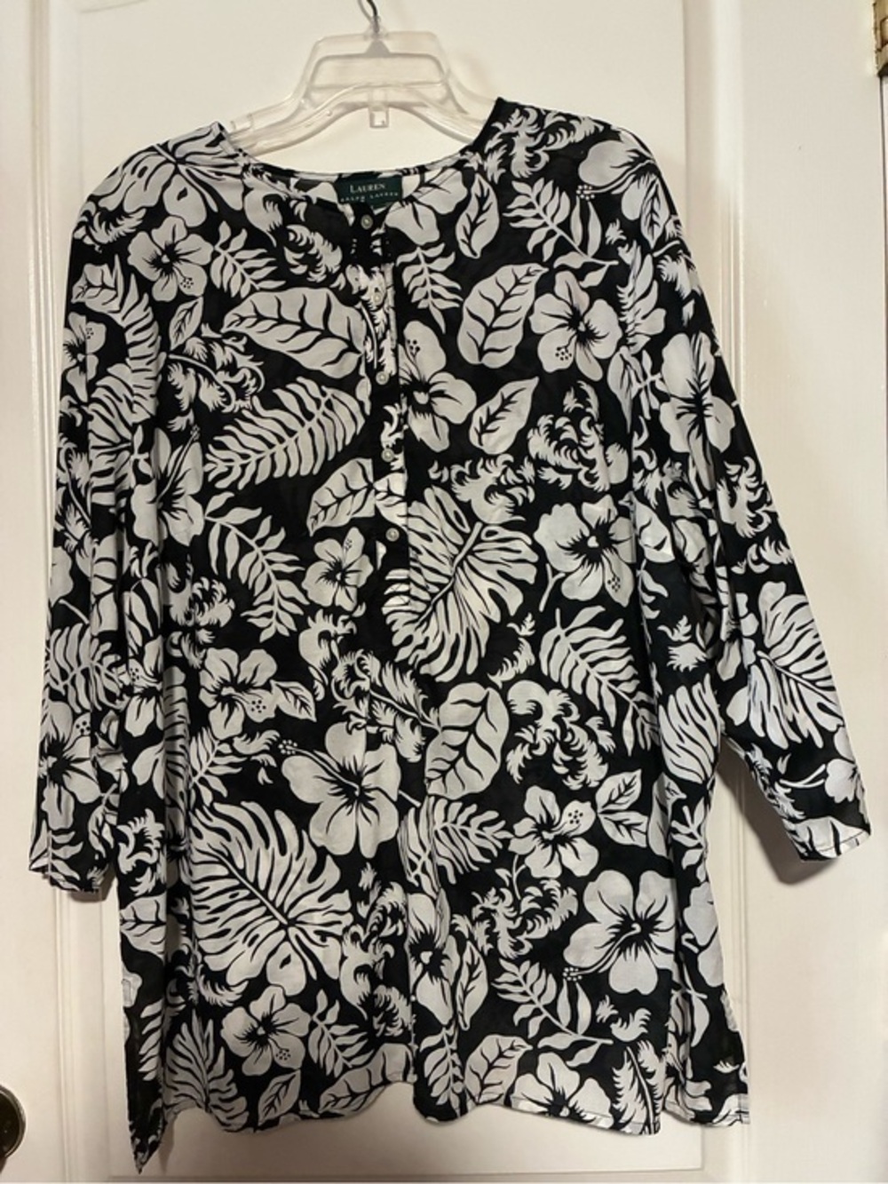 Lauren Ralph Lauren 3X Cotton Hawaiian Tunic Top Black White Floral Hibiscus